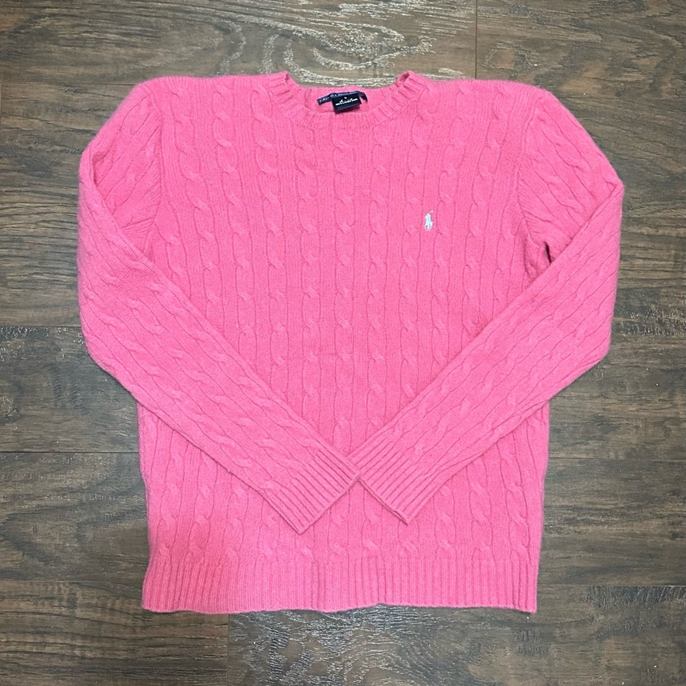 Ralph Lauren POLO Sport Pink Crewneck Cableknit Lambswool Sweater Large runs sm